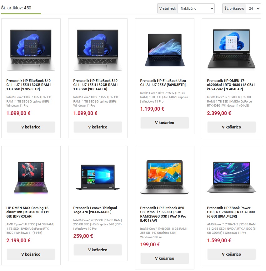 Screenshot kategorije prenosniki podjetja SO d.o.o. z gaming, poslovnimi in domačimi prenosniki
